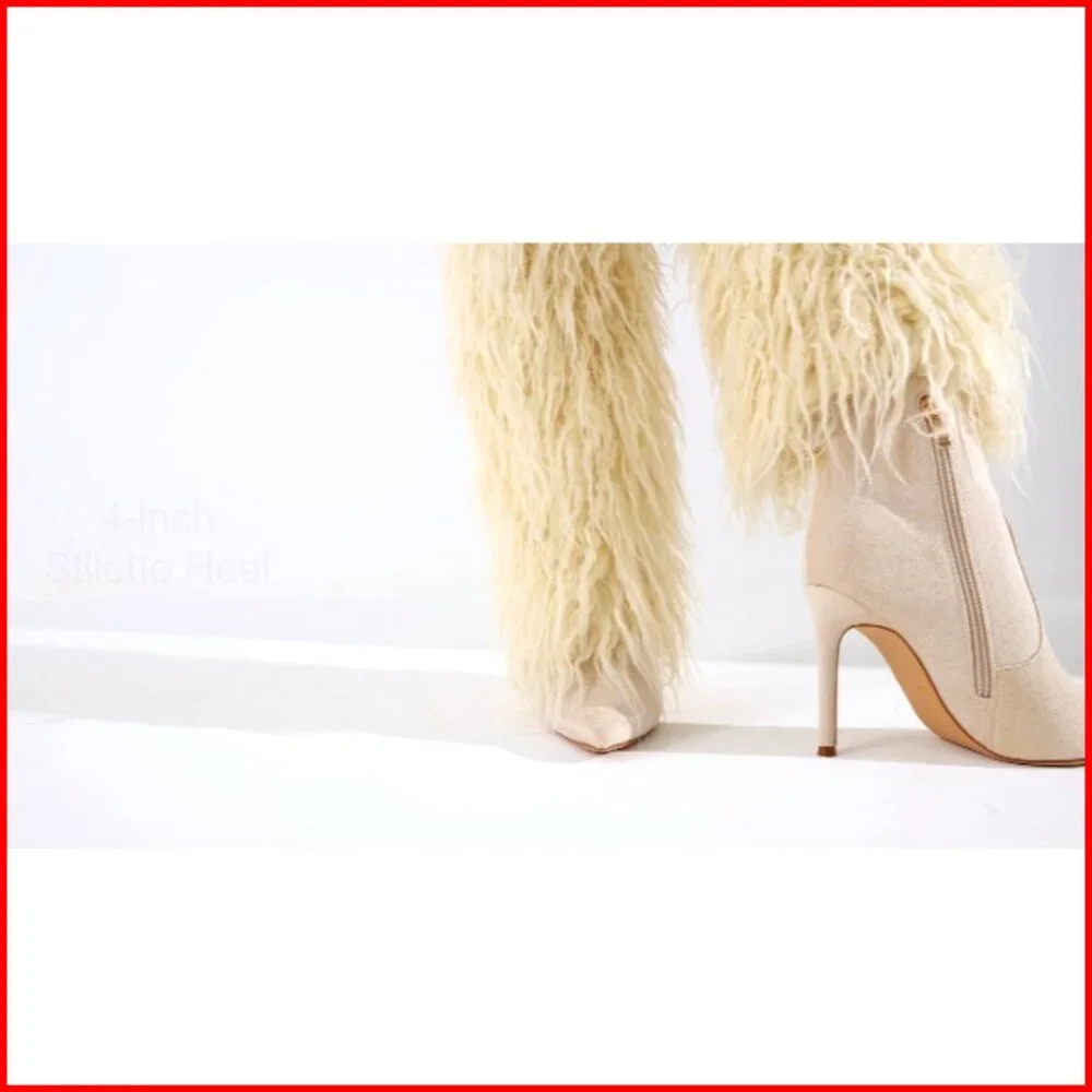 Knee High Faux Fur Boots Wide Calf Stiletto Heel Pointed Toe Winter